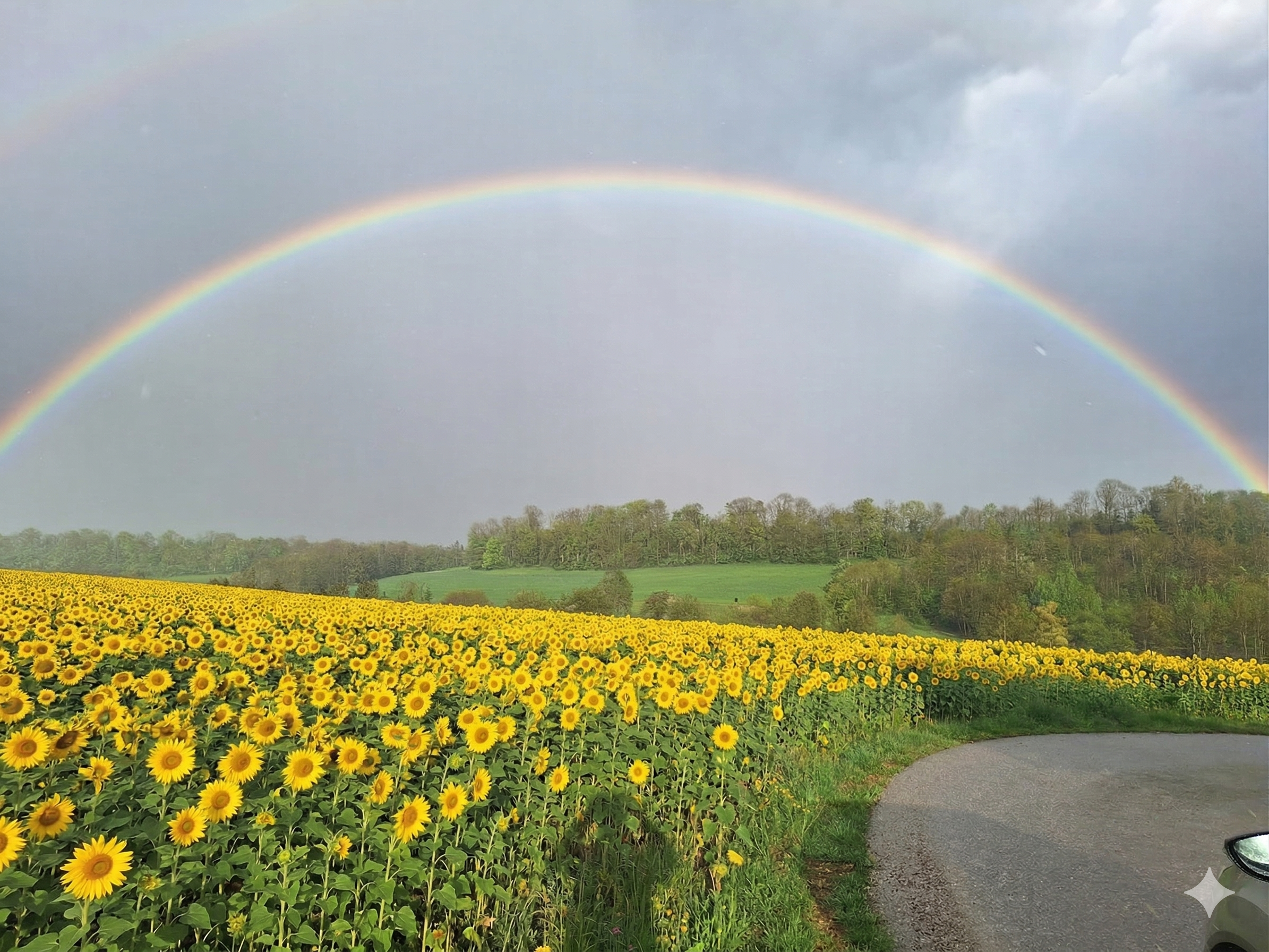 Landschaft mit Regenbogen über den Feldern in Haag, Niederösterreich